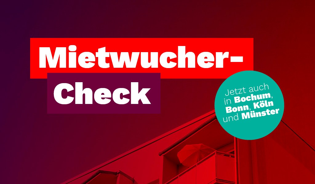 Schriftzug auf rotem Hintergrund: Mietwucher-Check. Jetzt auch in Bochum, Bonn, Köln und Münster