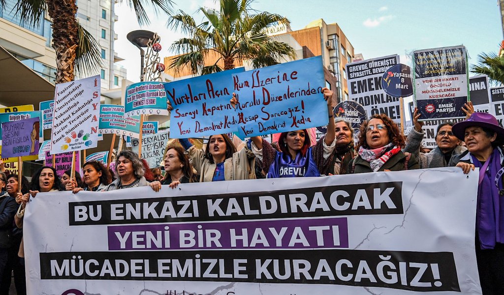 March 8, 2023, Izmir, Turkey: Protesters hold placards expressing their opinion during the International Women s Day dem