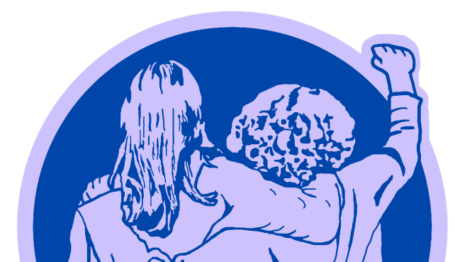 Das Logo der Lila Hilfe: Zwei Personen stehen Arm in Arm nebeneinander. Sie sind von hinten zu sehen. Die rechte Person reckt ihre rechte Faust in die Luft. Das Logo ist eine Illustration, die nur in zwei Farbtönen, ein Kobaltblau und ein Fliederlila, gehalten ist.
