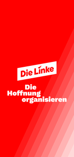 Das Die-Linke-Logo und der Claim "Die Hoffnung organisieren" auf roten Untergrund