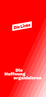 Das Die-Linke-Logo und der Claim "Die Hoffnung organisieren" auf roten Untergrund
